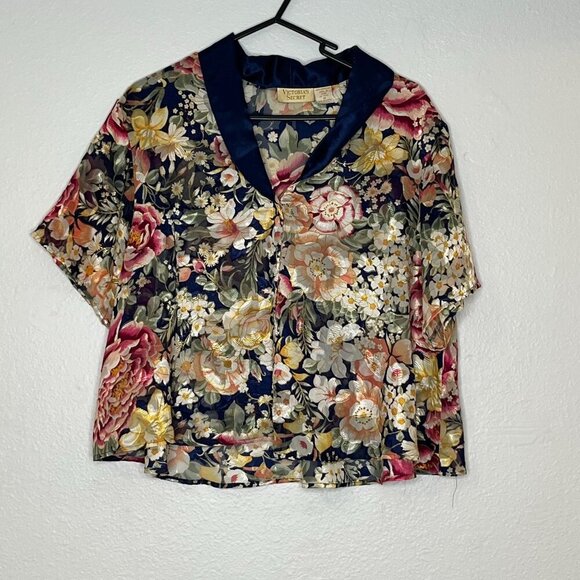 Victoria's Secret Vintage Gold Label‎ Button Front Night Shirt Floral Boxy Med - Picture 1 of 5